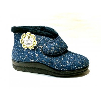 Zapatillas de casa abotinadas con Velcro Forro lana La Cadena Paño Brillo Marino
