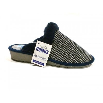 Zapatillas casa con cuña Niagara Gomus Silenciosas paño grabado Marino