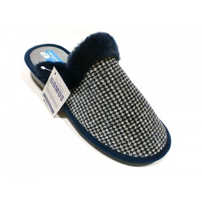 Zapatillas casa con cuña Niagara Gomus Silenciosas paño grabado Marino
