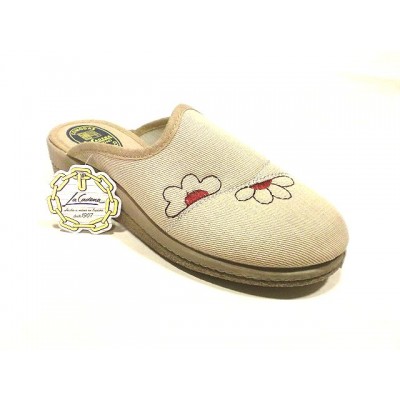 Zapatillas anchas de casa tela algodon La Cadena descalza Flor Beige
