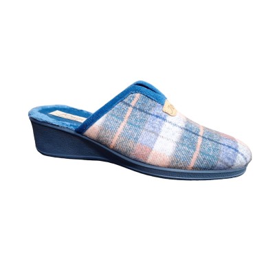 Zapatillas casa con cuña J´Ortega 1800 Descalza Cuadros Azul