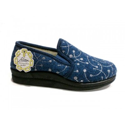 Zapatillas casa paño brillo La Cadena 76361 pura lana anchas Azul