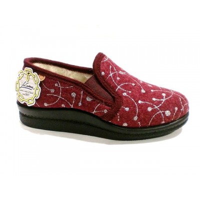 Zapatillas casa paño brillo La Cadena 76361 pura lana anchas Burdeos