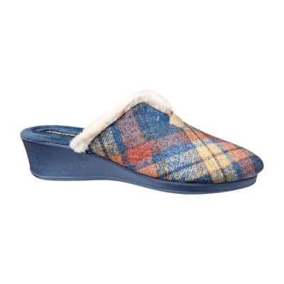 Zapatillas casa cuña J´Ortega 1803 paño cuadros Azul