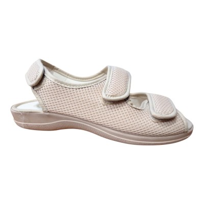 Sandalia de rejilla para mujer en color negro, con cierre de velcro y ancho especial Beige