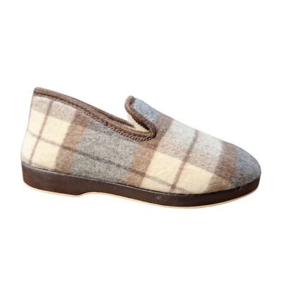 Zapatillas casa Norteñas 16-525 paño cuadros pura lana borreguito Marrón